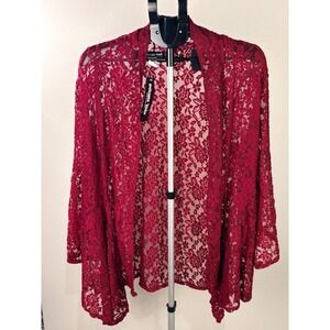 Double Take Burgundy Red Floral Lace Open Front Cardigan Sheer Draped Wrap NEW